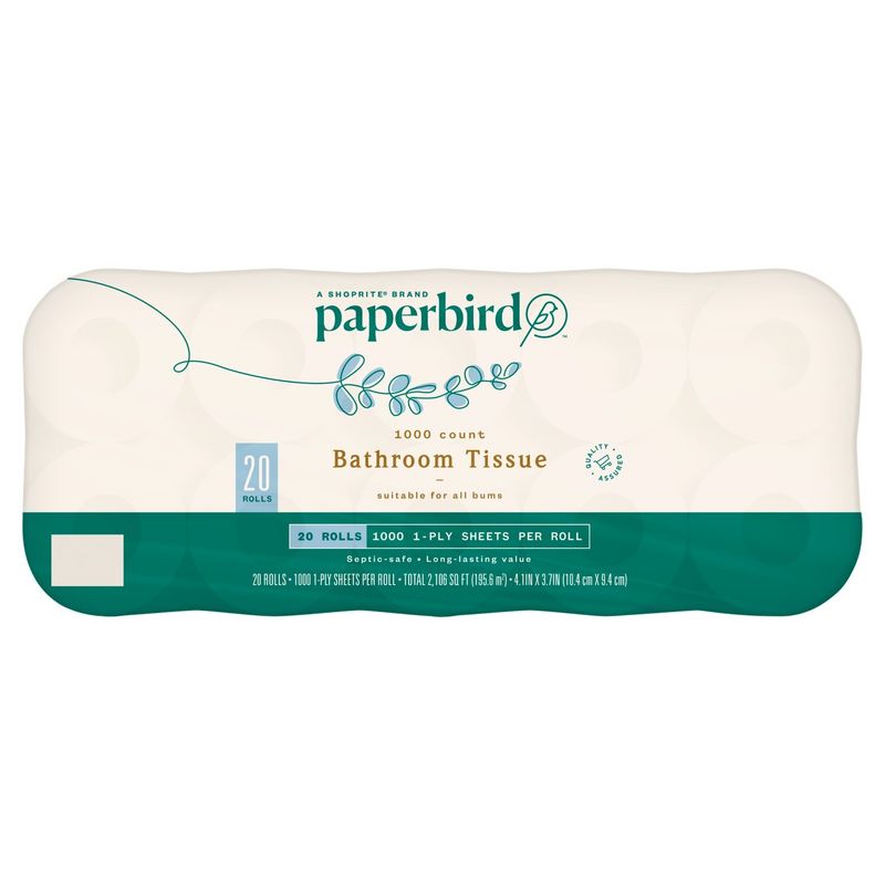 Paperbird Bathroom Tissue, 1000 1-ply sheets per roll, 20 count