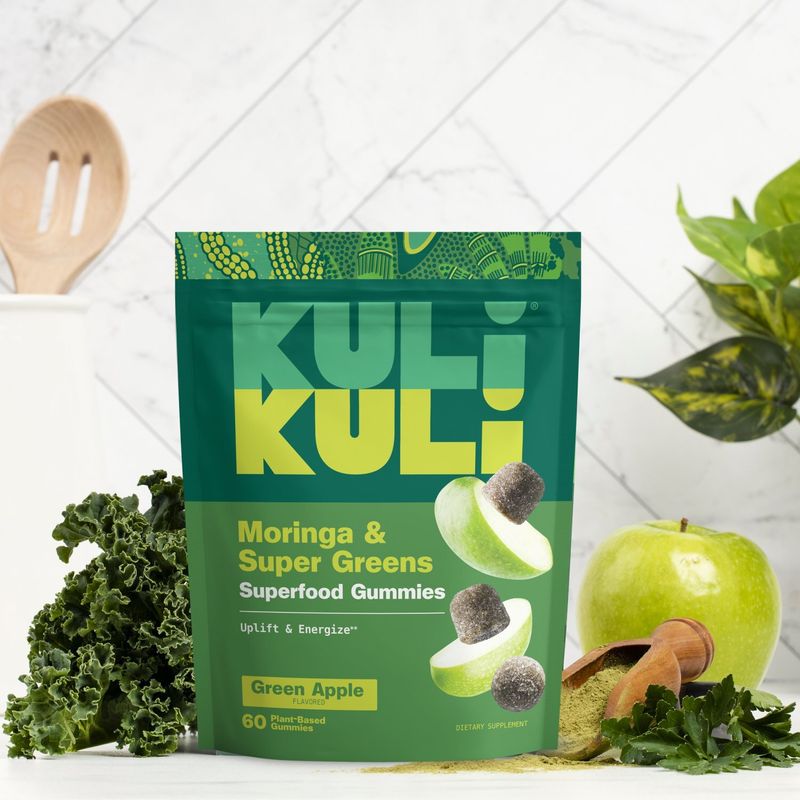 Kuli Kuli Green Apple Flavored Moringa &amp; Super Greens Superfood Gummies Dietary Supplement, 60 count