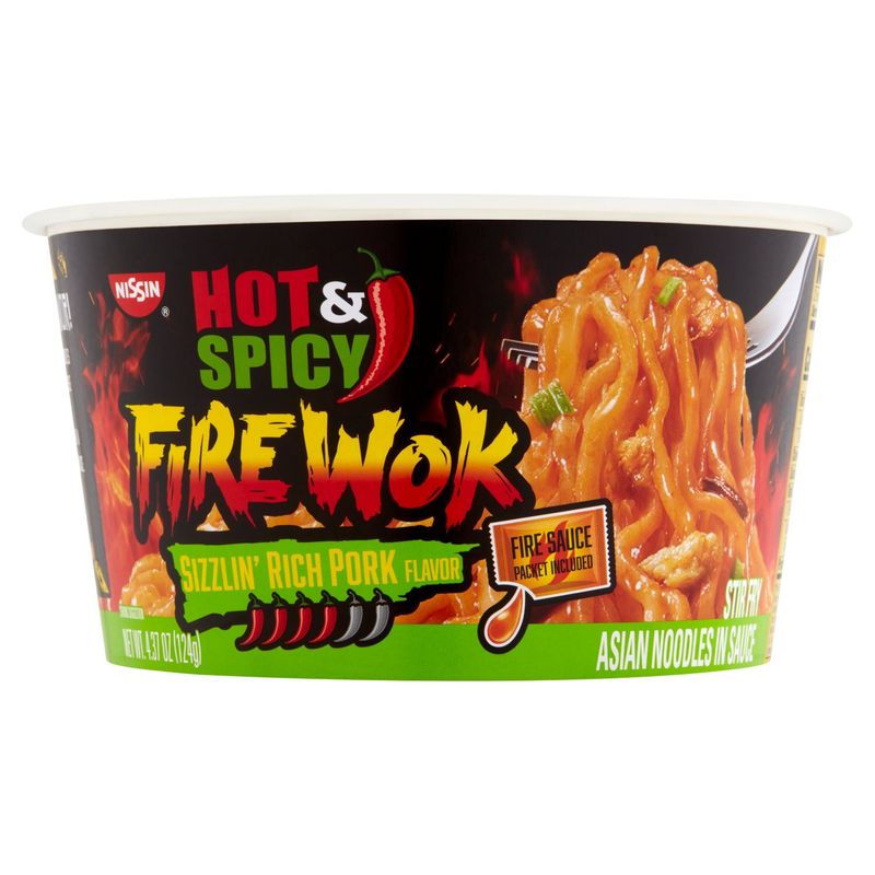 Nissin Hot &amp; Spicy Fire Wok Sizzlin' Rich Pork Flavor Asian Noodles in Sauce, 4.37 oz