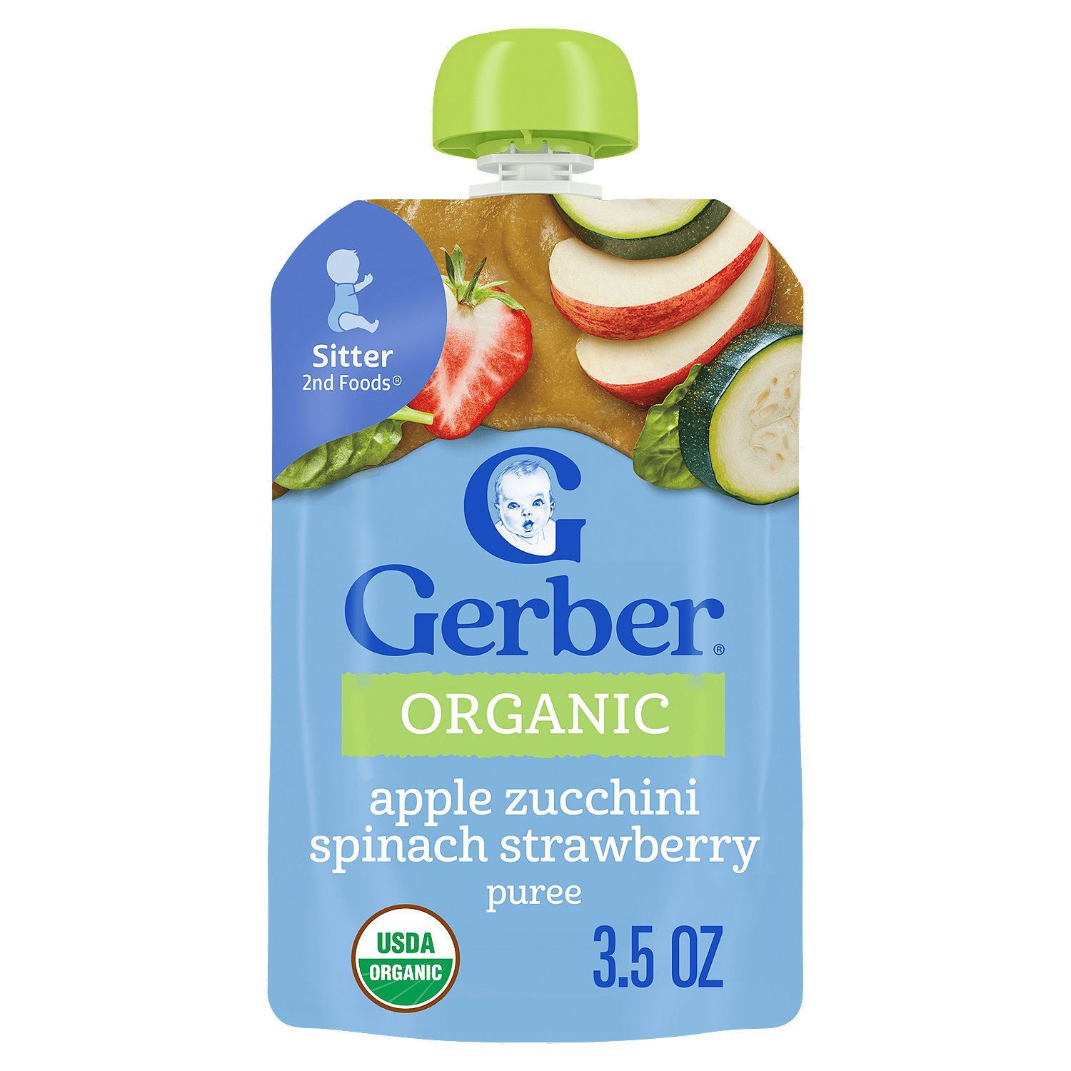 Gerber 2nd Foods Organic Apple Zucchini Spinach Strawberry Puree Baby Food, Sitter, 3.5 oz