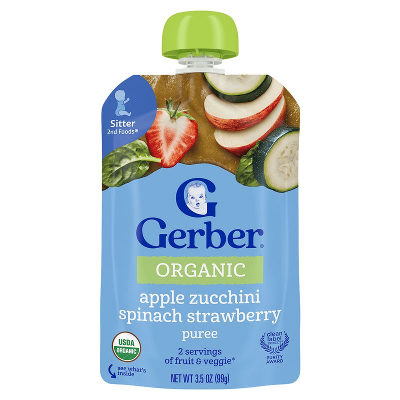 Gerber 2nd Foods Organic Apple Zucchini Spinach Strawberry Puree Baby Food, Sitter, 3.5 oz