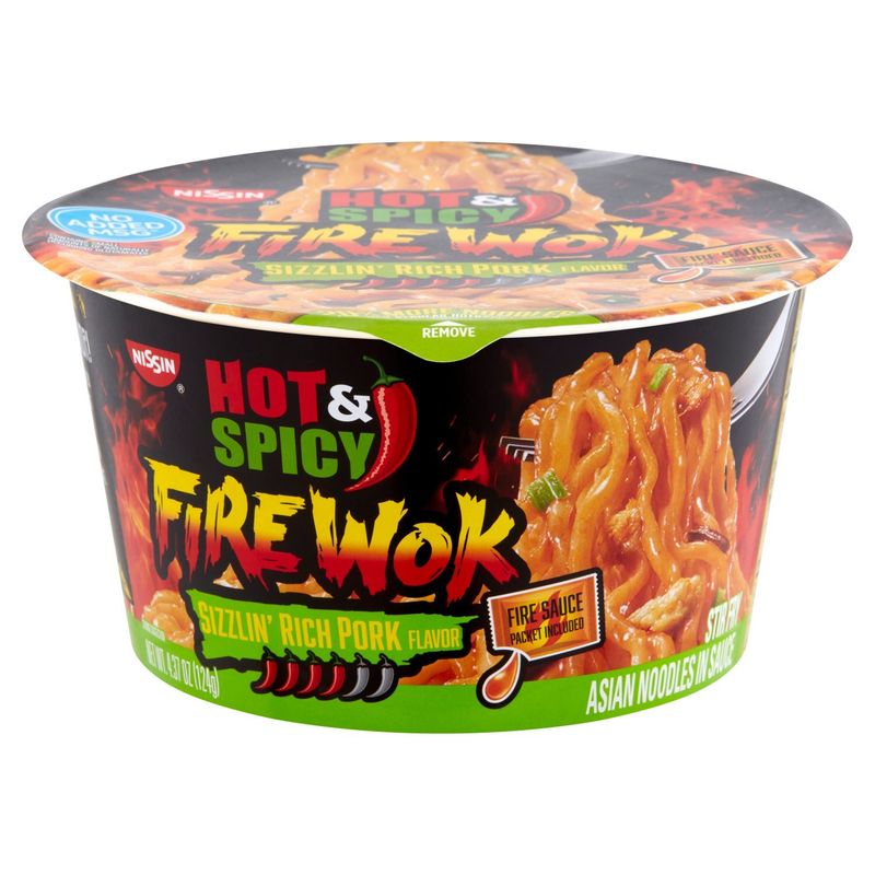 Nissin Hot &amp; Spicy Fire Wok Sizzlin' Rich Pork Flavor Asian Noodles in Sauce, 4.37 oz