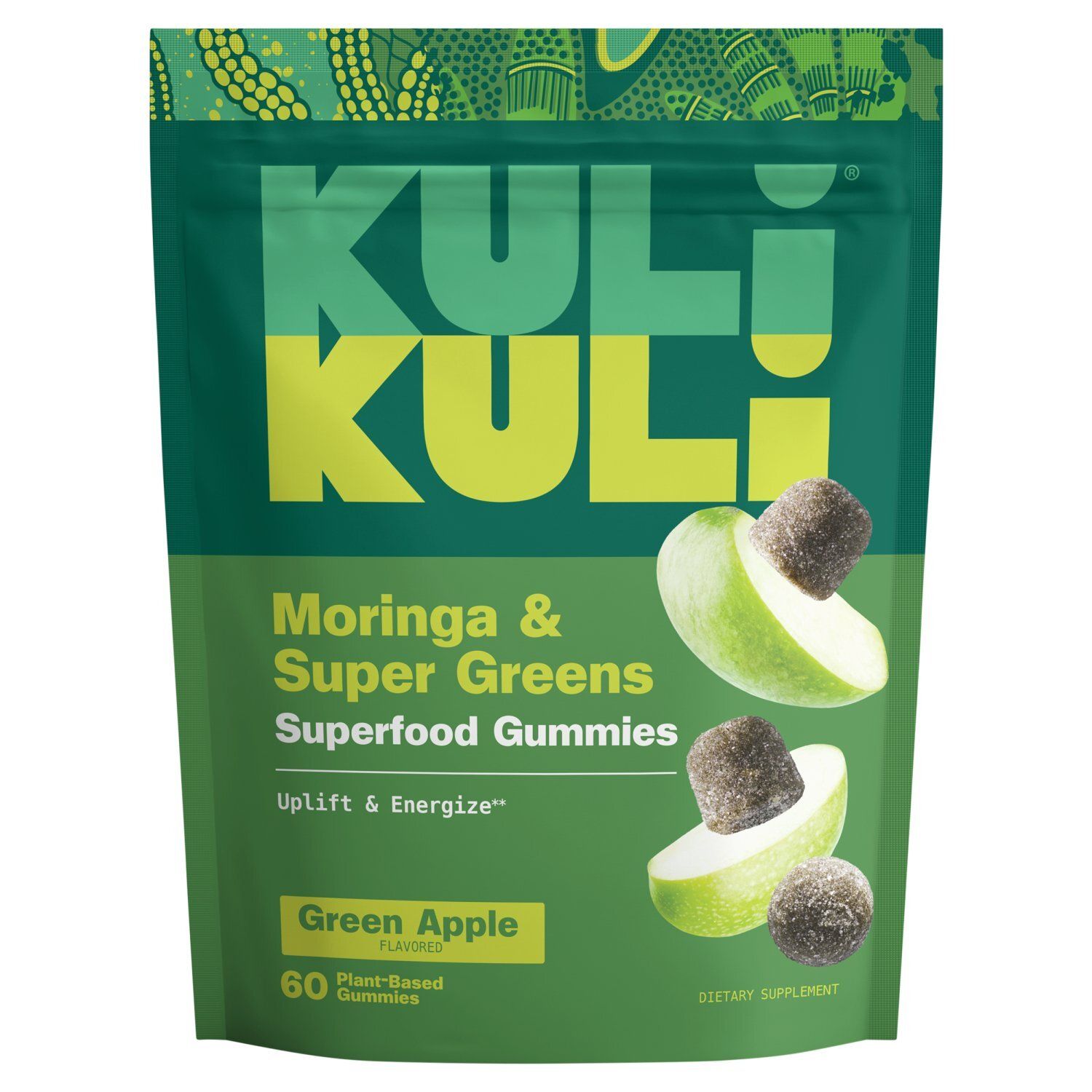 Kuli Kuli Green Apple Flavored Moringa &amp; Super Greens Superfood Gummies Dietary Supplement, 60 count