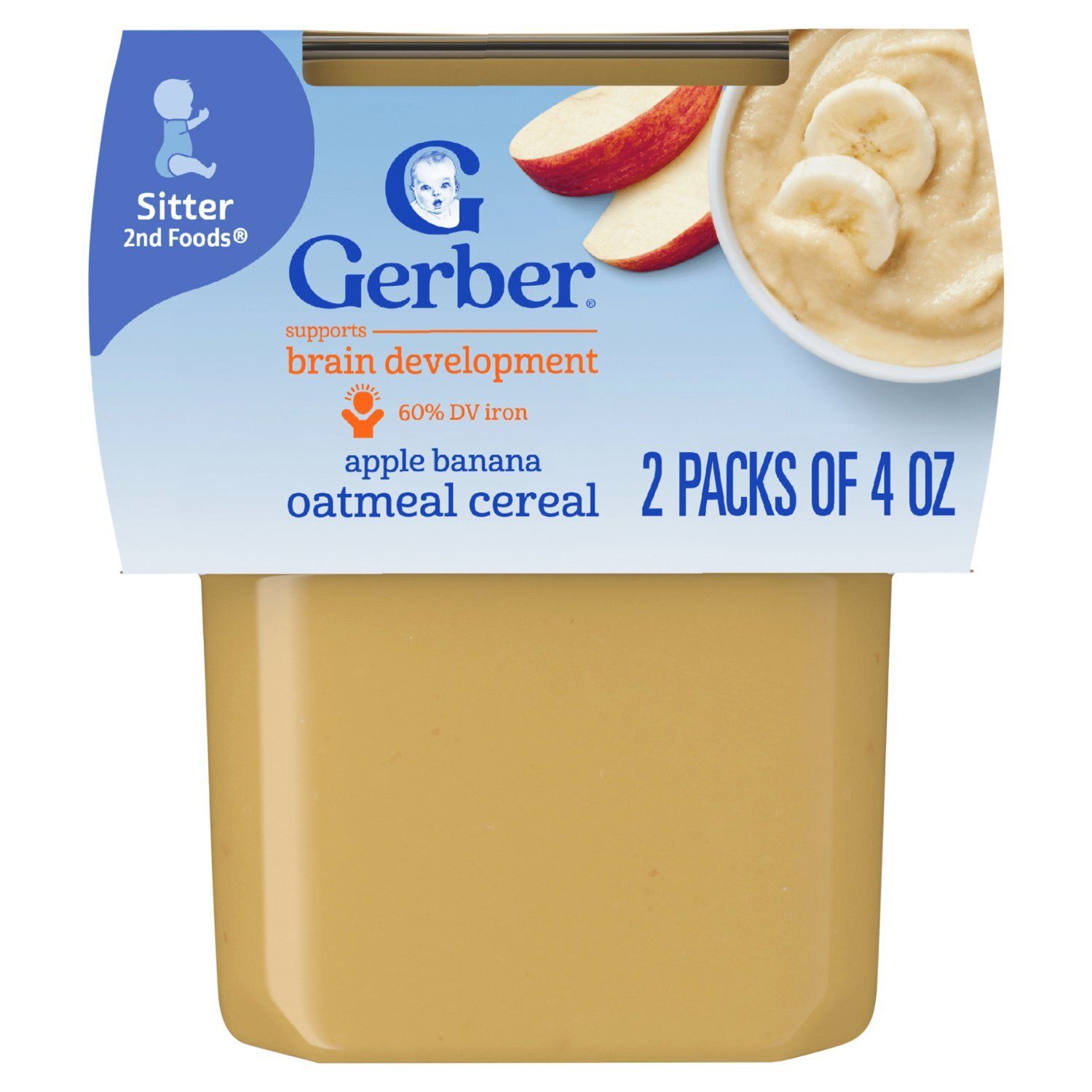 Gerber 2nd Foods Apple Banana Oatmeal Cereal Baby Food, Sitter, 4 oz, 2 count