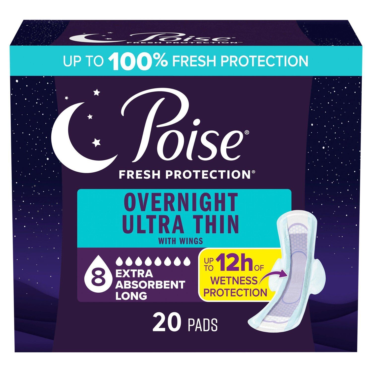 Poise Fresh Protection Extra Absorbent Long Overnight Ultra Thin with Wings Pads, 20 count