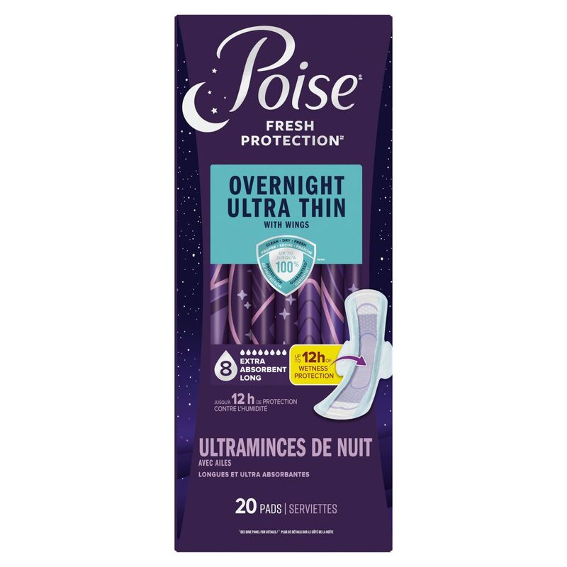 Poise Fresh Protection Extra Absorbent Long Overnight Ultra Thin with Wings Pads, 20 count