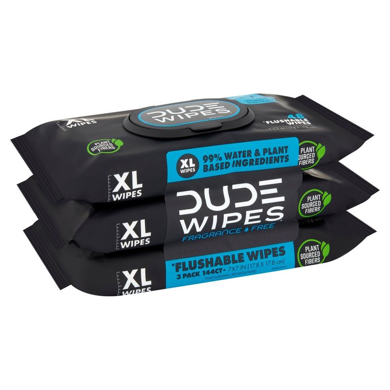 DUDE Wipes XL Fragrance Free Flushable Wipes, 3 Pack, 144 Count