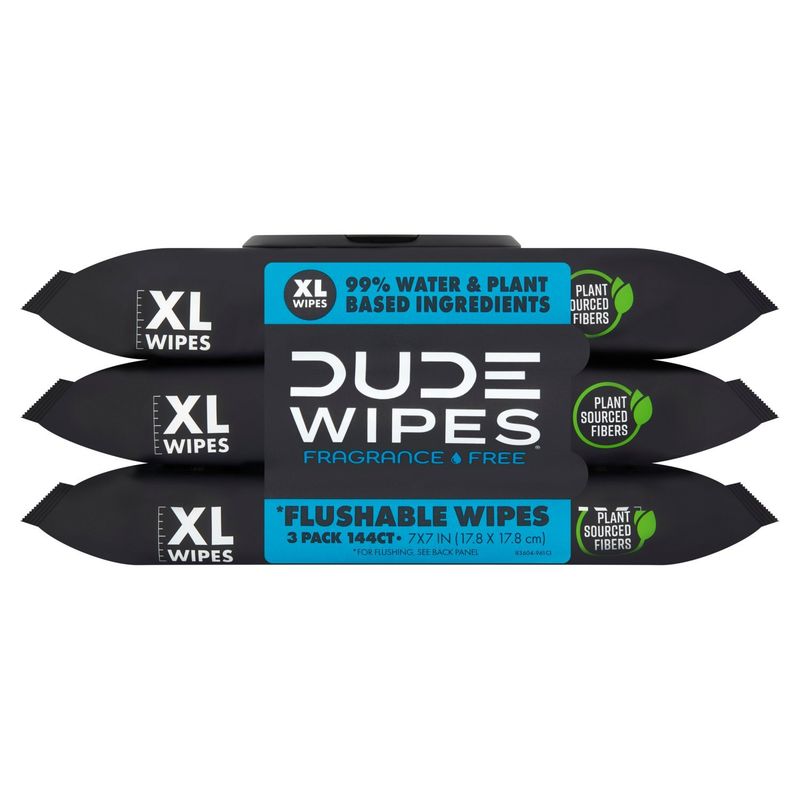 DUDE Wipes XL Fragrance Free Flushable Wipes, 3 Pack, 144 Count