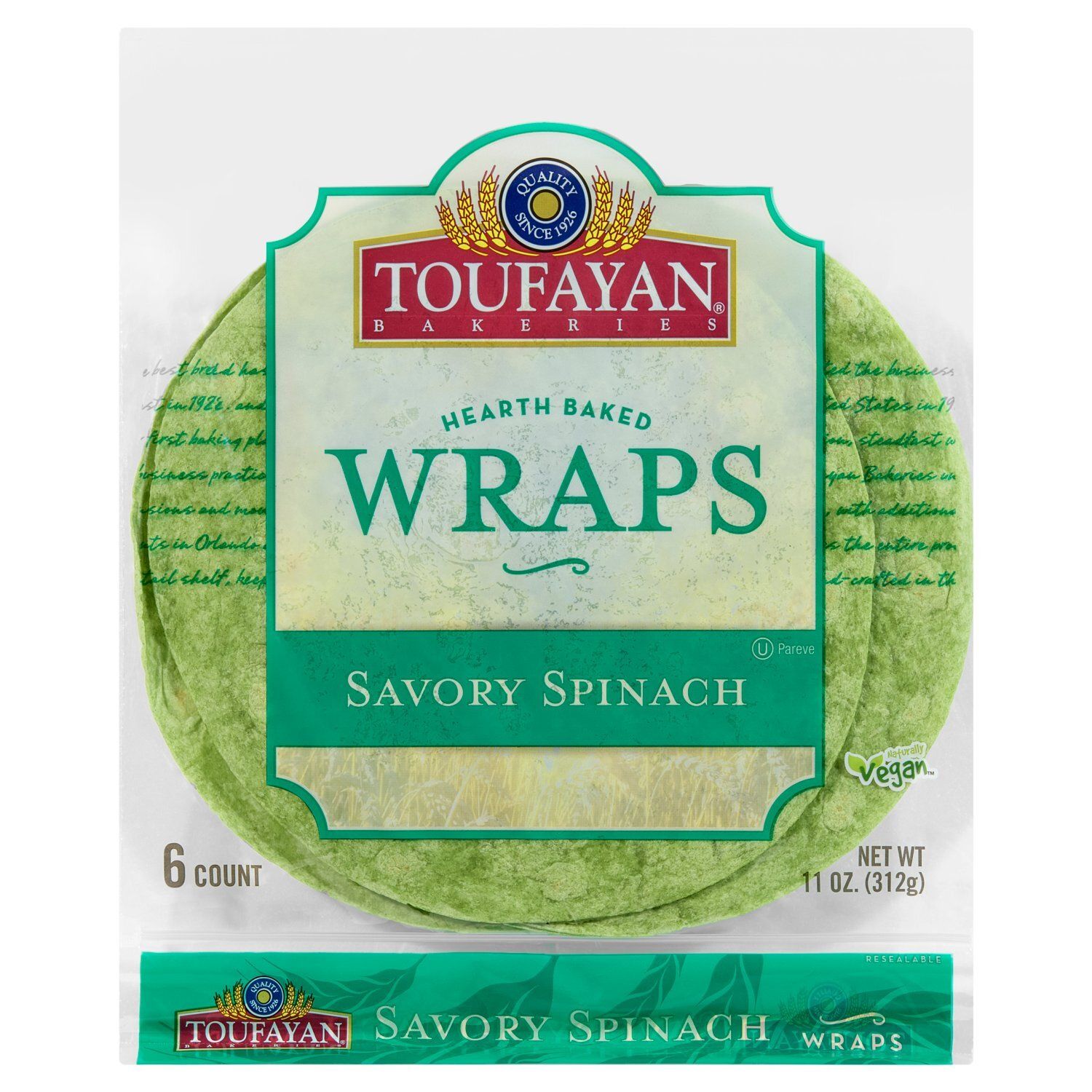 Toufayan Bakeries Hearth Baked Savory Spinach Wraps, 6 count, 11 oz