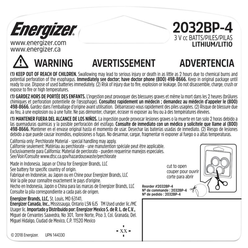 Energizer 2032 Batteries (4 Pack), 3V Lithium Coin Batteries