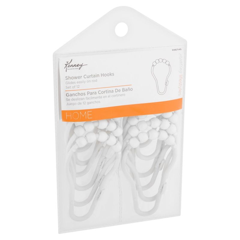 Kenney Home White Shower Curtain Hooks, 12 count