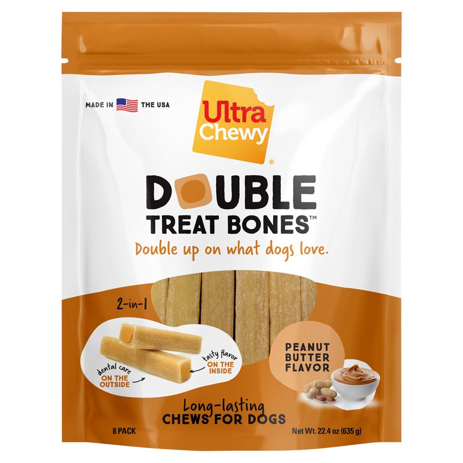 Ultra Chewy Double Treat Bones Peanut Butter Flavor Long-Lasting Chews for Dogs, 22.4 oz