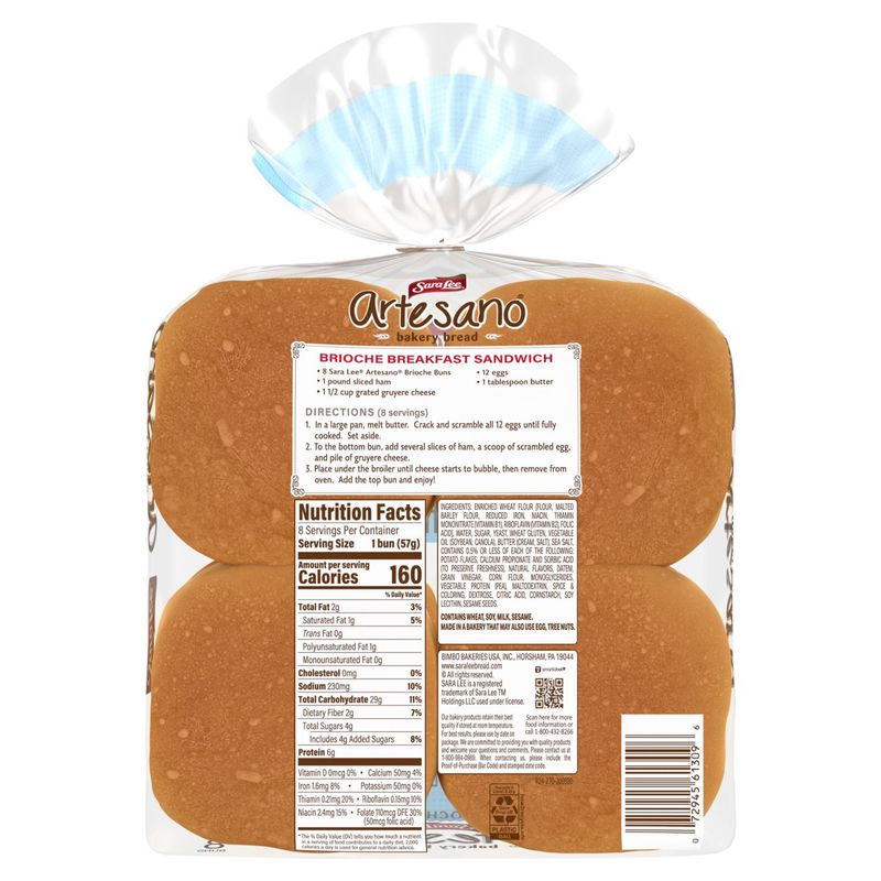 Sara Lee Artesano Brioche Style Buns, 8 count, 1 lb
