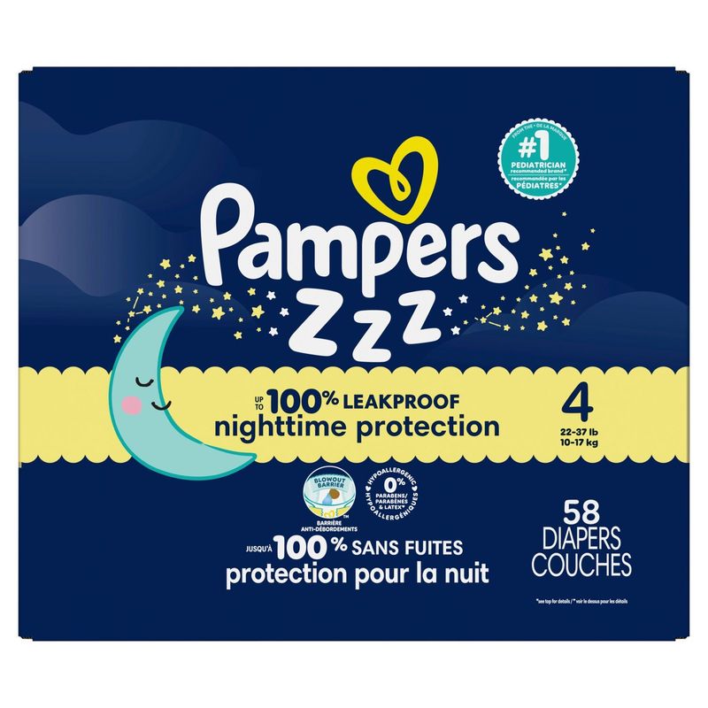 Pampers ZZZ Nighttime Protection Diapers Super Pack, Size 4, 22-37 lb, 58 count