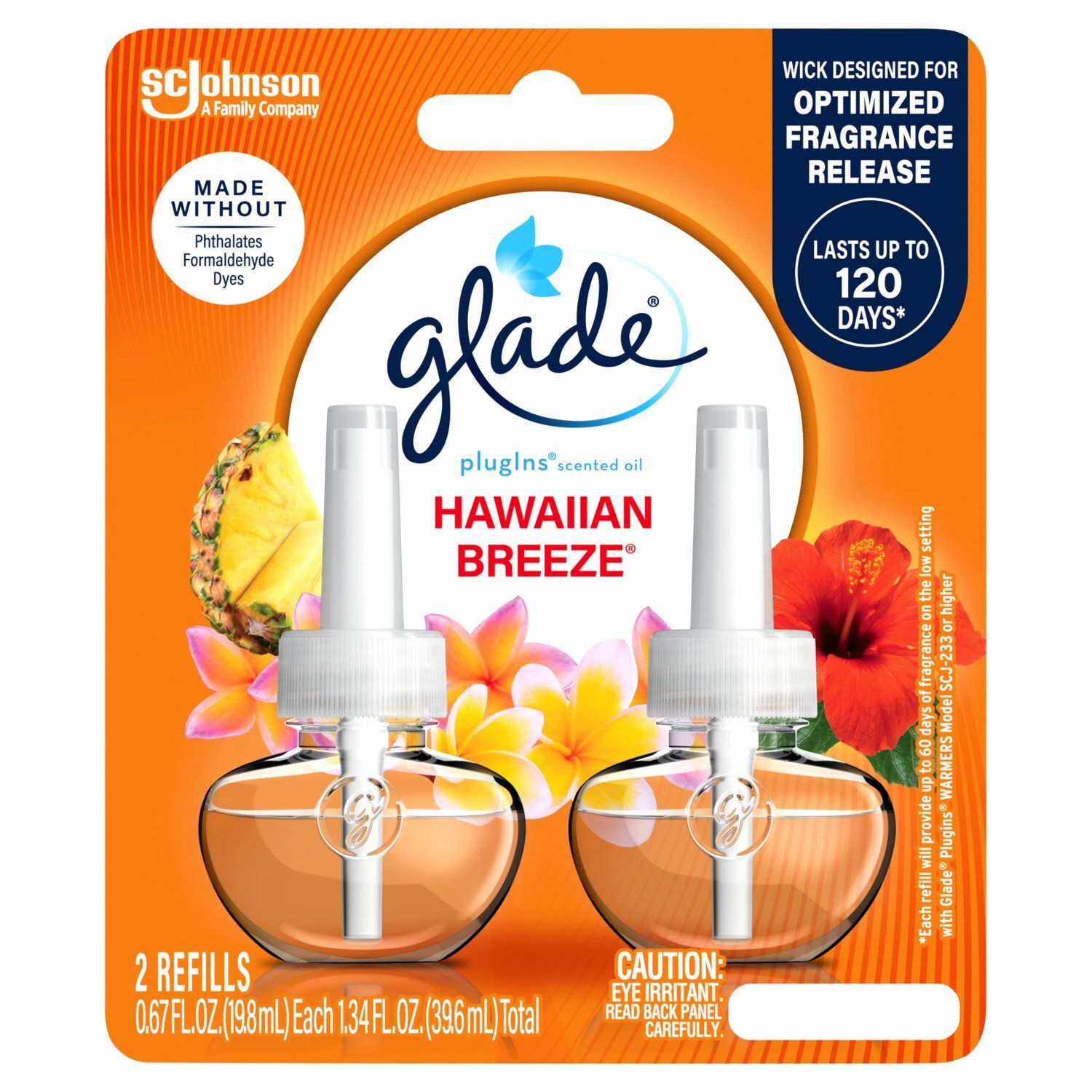 Glade PlugIns Scented Oil 2 Refills, Air Freshener, Hawaiian Breeze, 1.34 FL OZ, 2 Pack