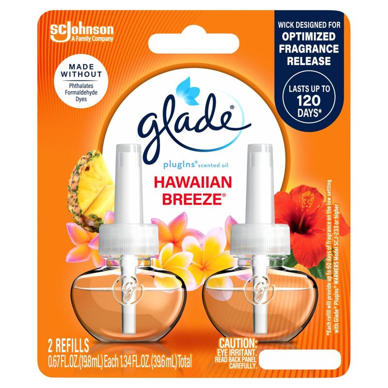 Glade PlugIns Scented Oil 2 Refills, Air Freshener, Hawaiian Breeze, 1.34 FL OZ, 2 Pack