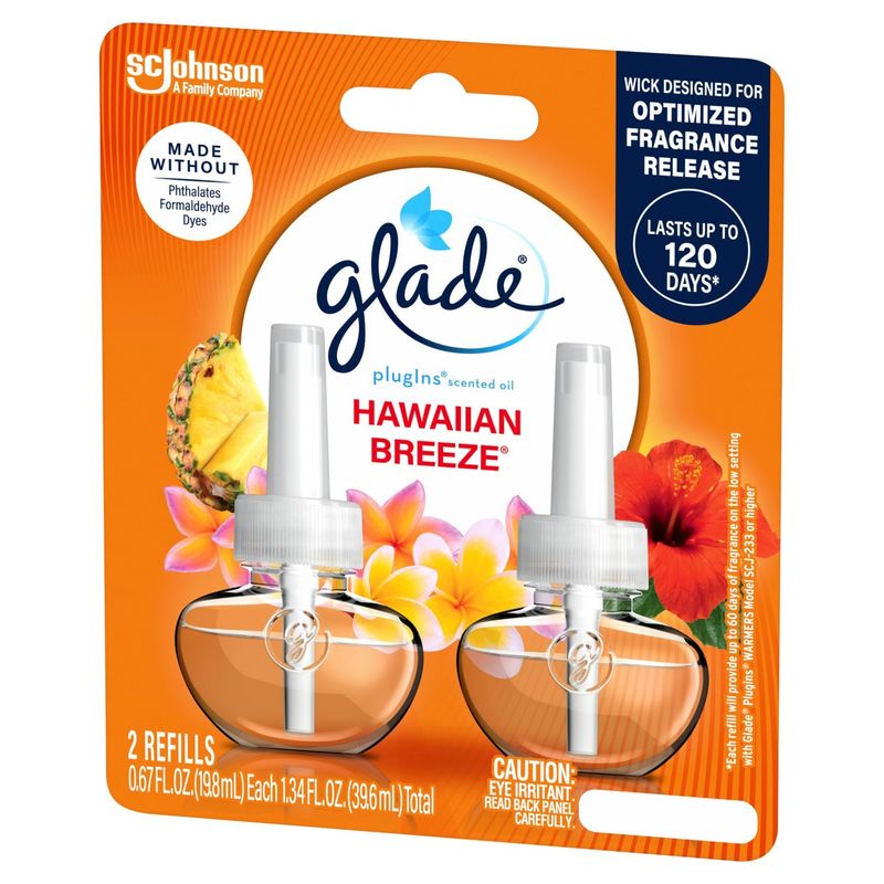Glade PlugIns Scented Oil 2 Refills, Air Freshener, Hawaiian Breeze, 1.34 FL OZ, 2 Pack