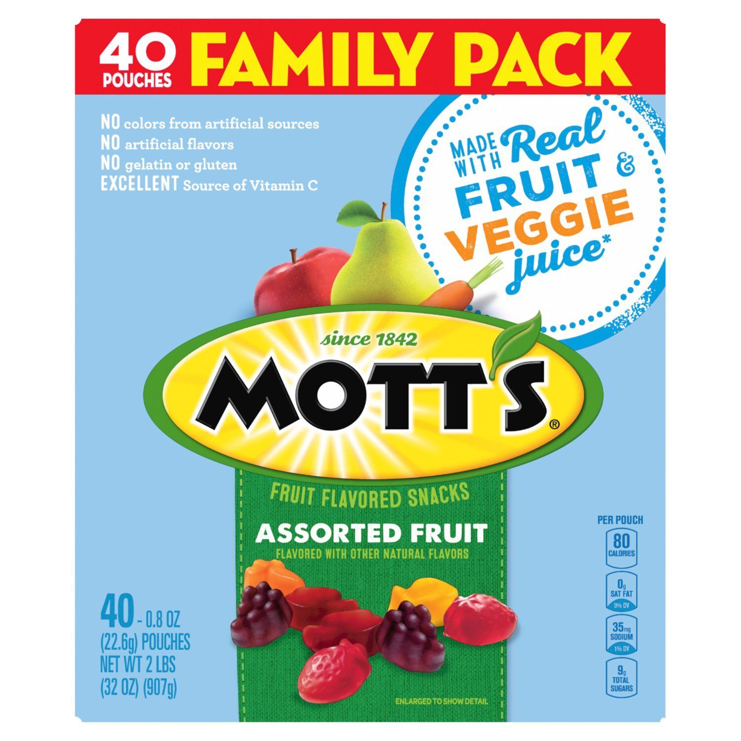 MOTT'S Assorted Fruit Flavored Snacks Family Size, 0.8 oz, 40 count