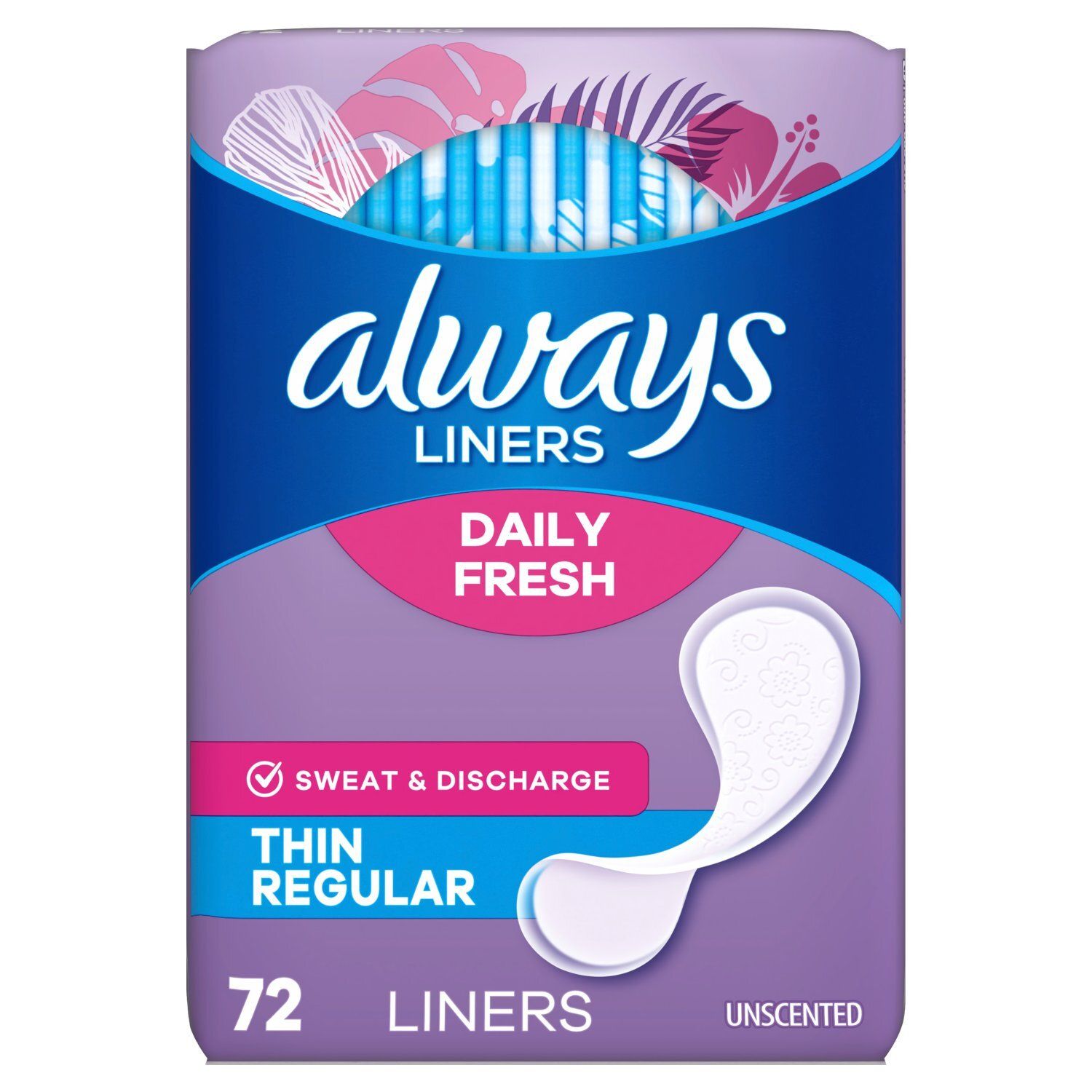 Always Daily Fresh Thin Liners, Regular Absorbency, Unscented Panty Liners, 72 Count