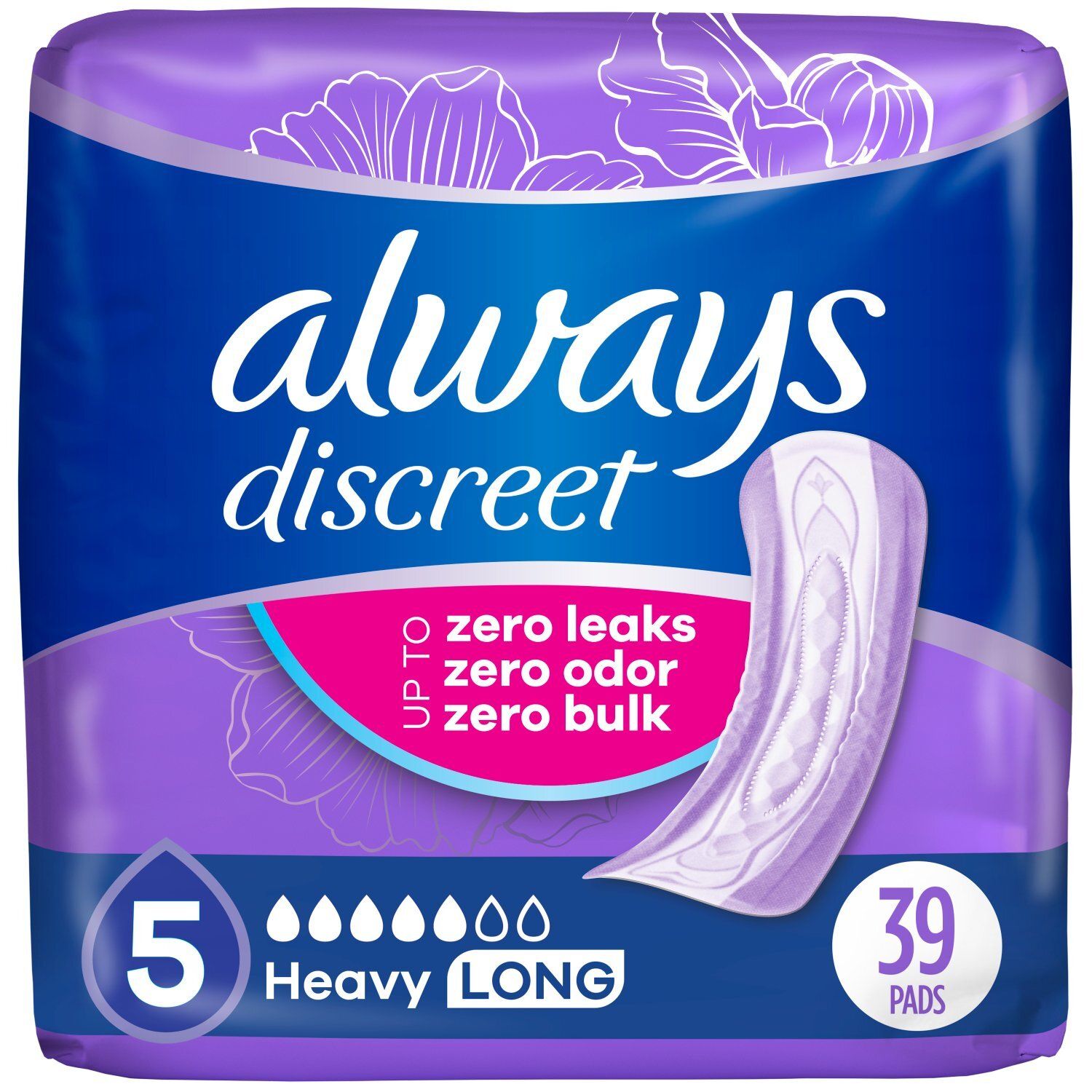Always Discreet Adult Incontinence Pads for Women, Heavy Absorbency, Long Length, Postpartum Pads,