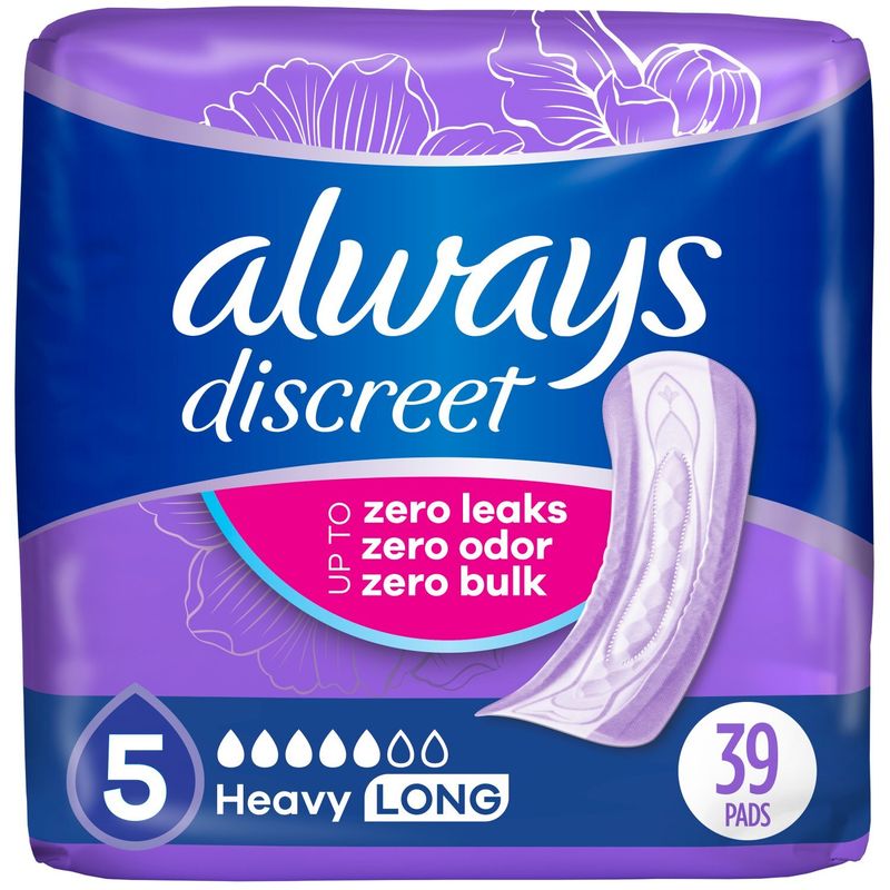 Always Discreet Adult Incontinence Pads for Women, Heavy Absorbency, Long Length, Postpartum Pads,