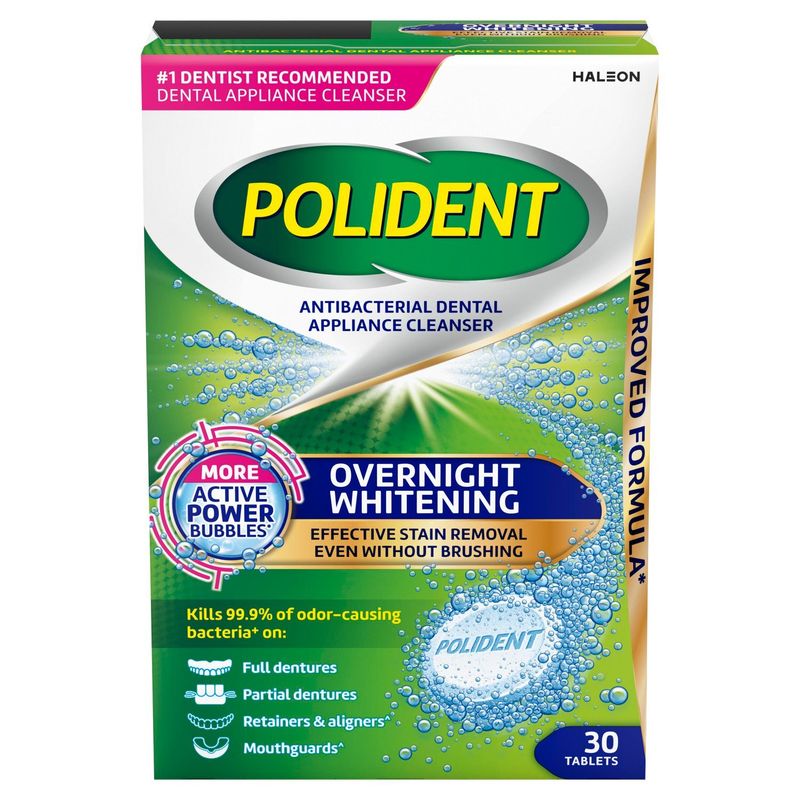 Polident Antibacterial Dental Appliance Cleanser Overnight Whitening Tablets, 30 count
