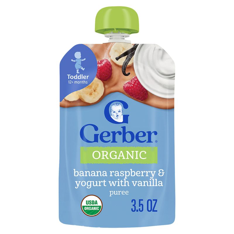 Gerber Organic Banana Raspberry &amp; Yogurt with Vanilla Puree Baby Food, Toddler 12+ months, 3.5 oz
