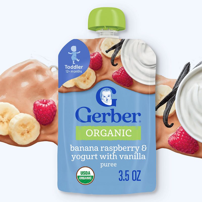 Gerber Organic Banana Raspberry &amp; Yogurt with Vanilla Puree Baby Food, Toddler 12+ months, 3.5 oz