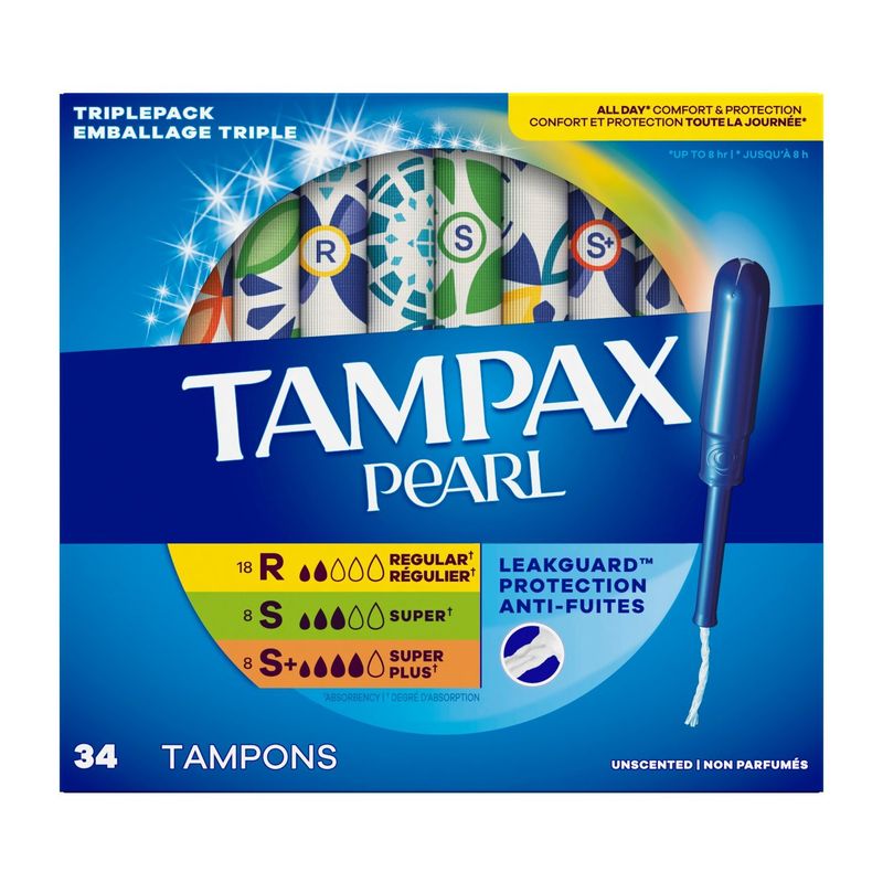 TAMPAX Pearl Regular, Super and Super Plus Absorbency Unscented Tampons Triplepack, 34 count