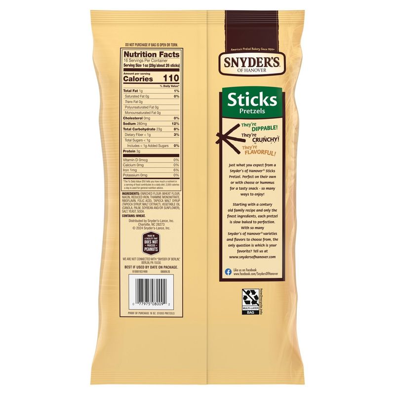Snyder's of Hanover Low Fat Sticks Pretzels Family Size!, 16 oz