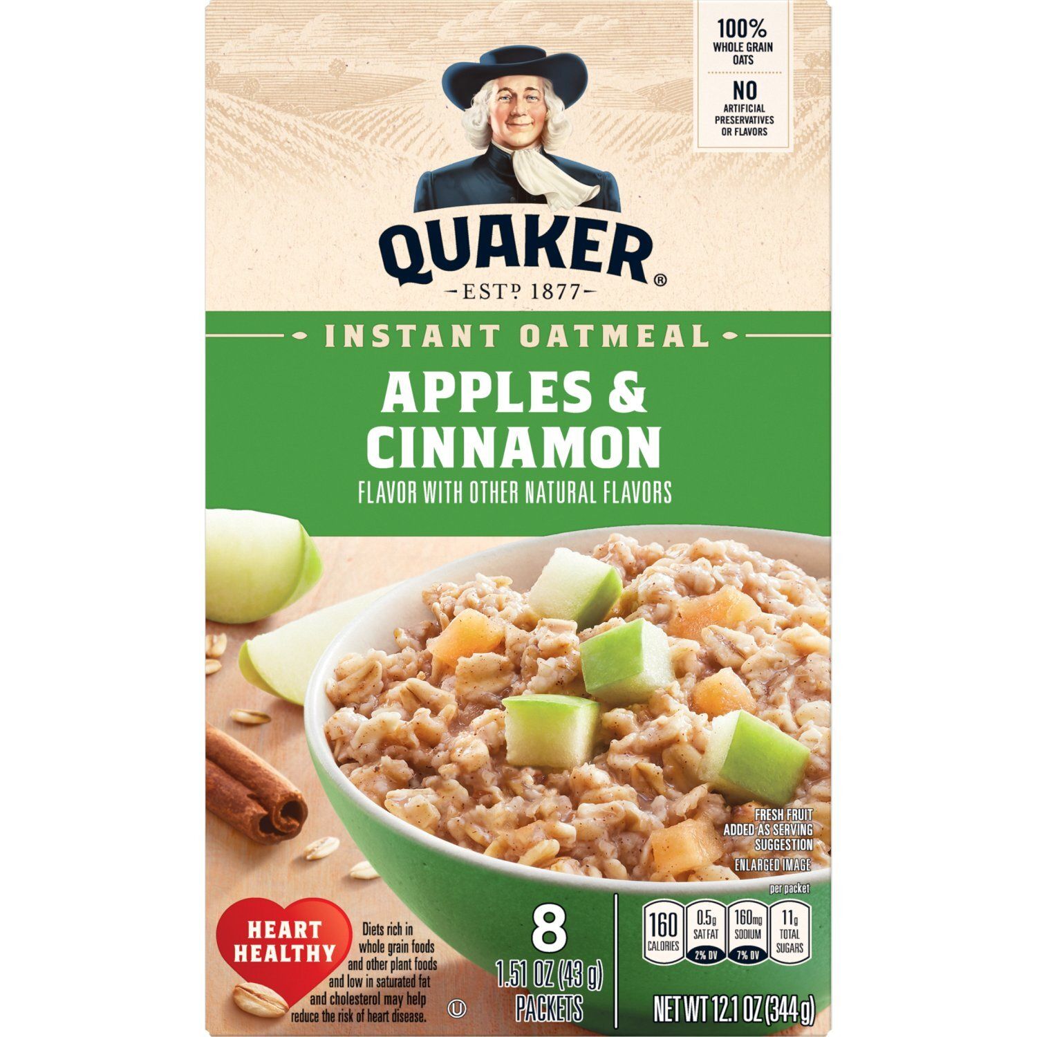 Quaker Instant Oatmeal Apples &amp; Cinnamon 1.51 Oz, 8 Count