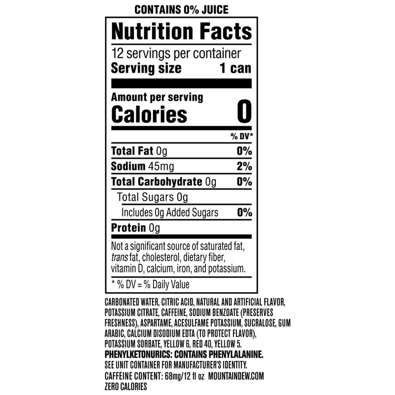 Mtn Dew Baja Zero Sugar Dew Soda Cabo Citrus 12 Fl Oz, 12 Count