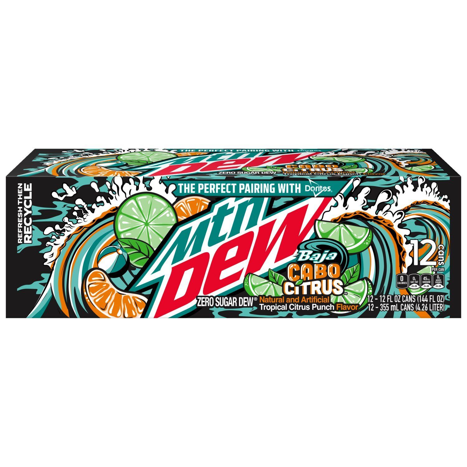 Mtn Dew Baja Zero Sugar Dew Soda Cabo Citrus 12 Fl Oz, 12 Count