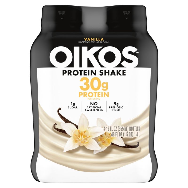 Oikos Protein Shake, Vanilla, 30g Protein, Shelf Stable, 12 Fl Oz Bottle, 4 Count
