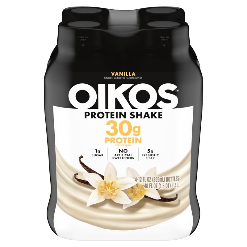 Oikos Protein Shake, Vanilla, 30g Protein, Shelf Stable, 12 Fl Oz Bottle, 4 Count