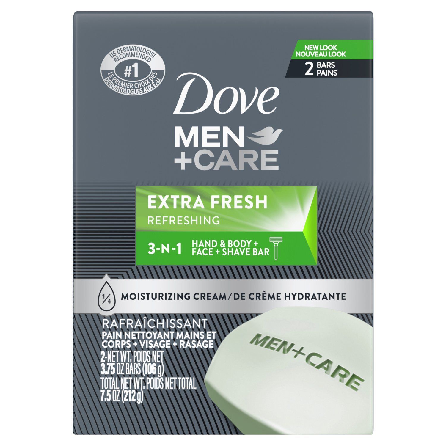 Dove Men+Care Extra Fresh Refreshing 3-N-1 Hand &amp; Body + Face + Shaver Bar, 3.75 oz, 2 count
