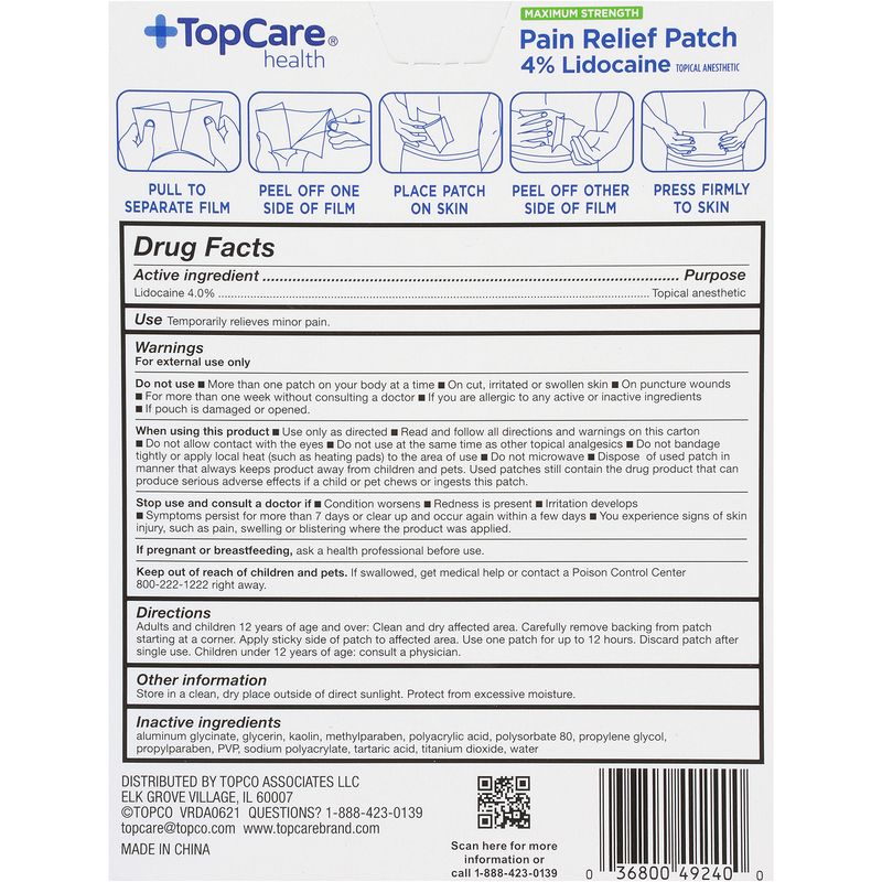 TopCare Pain Relief 4% Lidocaine Max Strength Patch, 6 count