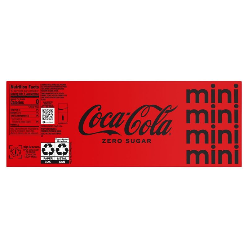 Coca-Cola Zero Sugar Mini Zero Calorie Cola, 7.5 fl oz, 10 count