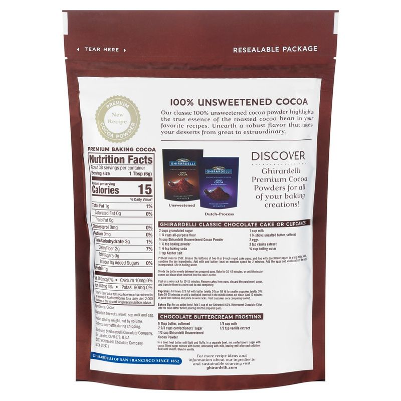 GHIRARDELLI Premium Baking Cocoa 100% Unsweetened Cocoa Powder, 8 OZ Bag