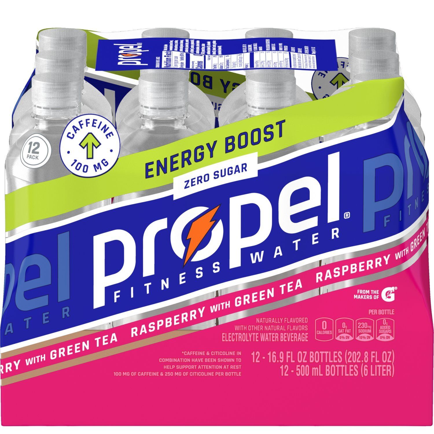 Propel Re-Energize Energy Boost Electrolyte Water Raspberry With Green Tea 16.9 Fl Oz 12 Count