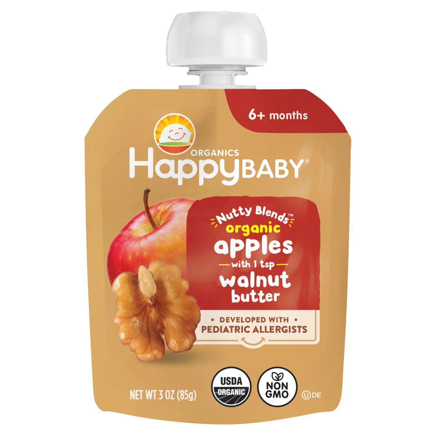 Happy Baby Organics Nutty Blends Organic Apples with Walnut Butter Baby Foods, 6+ Months, 3 oz