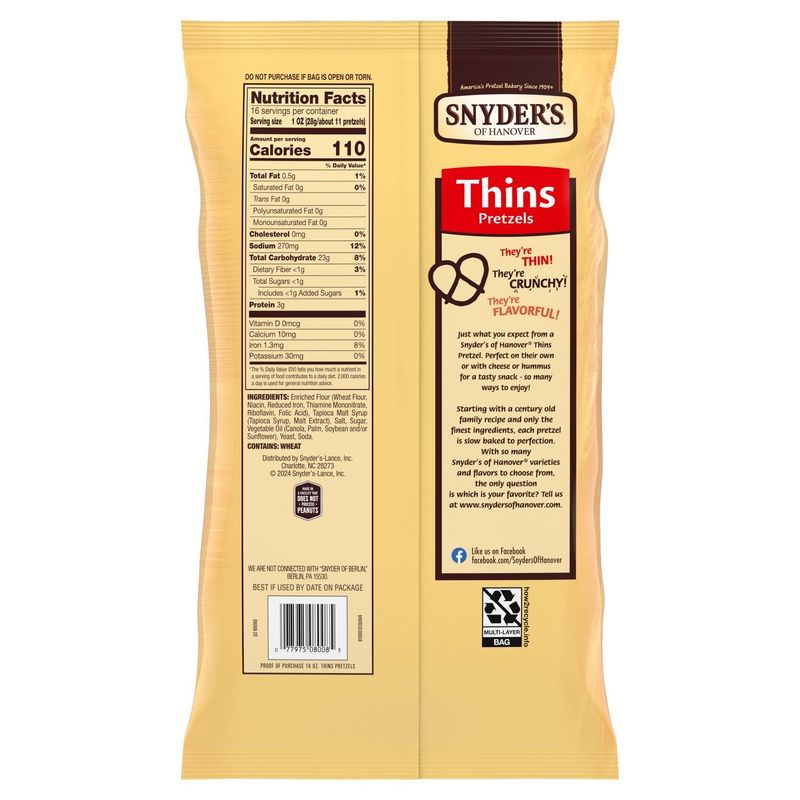 Snyder's of Hanover Low Fat Thins Pretzels Family Size!, 16 oz
