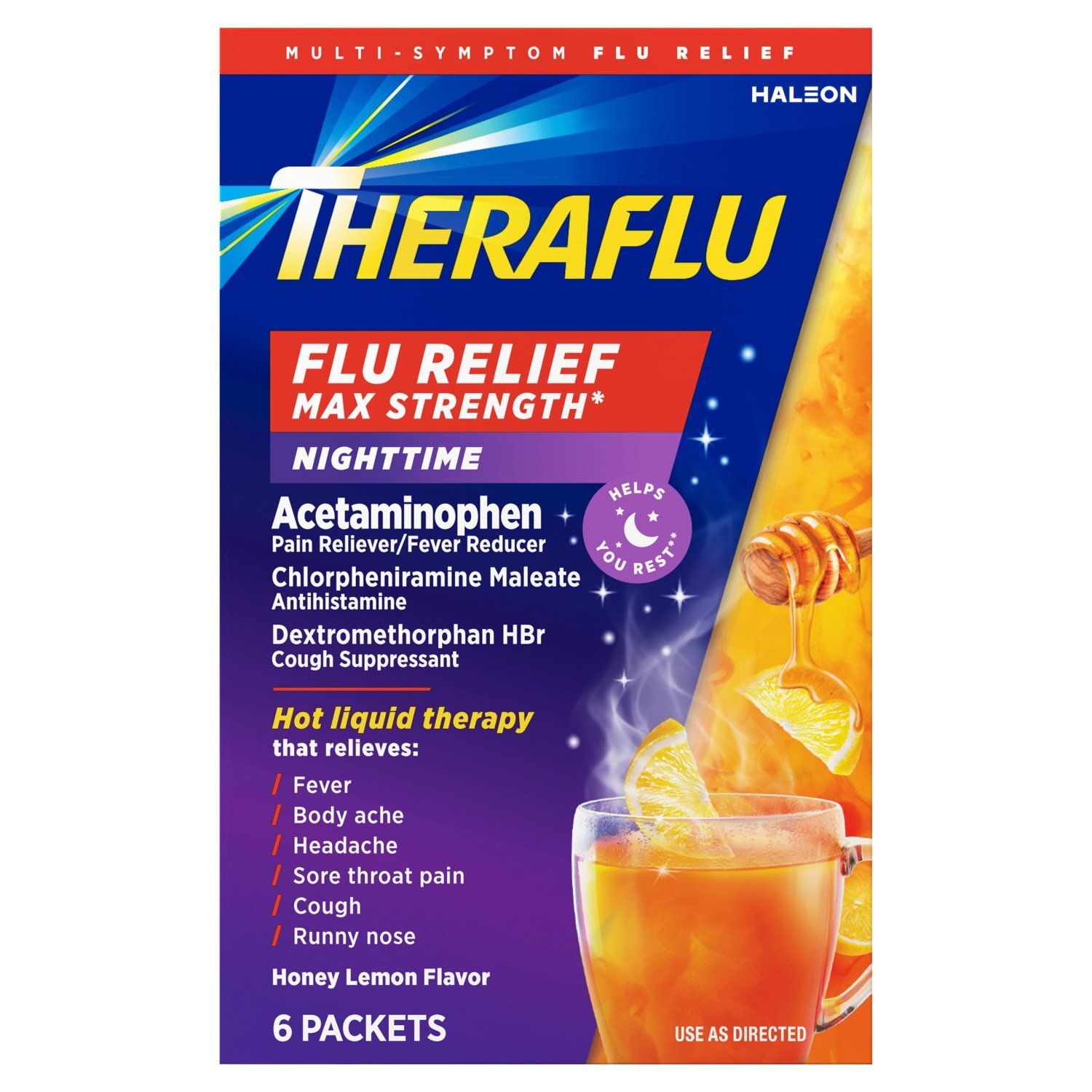 Theraflu Honey Lemon Flavor Max Strength Multi-Symptom Flu Relief Packets, 6 count