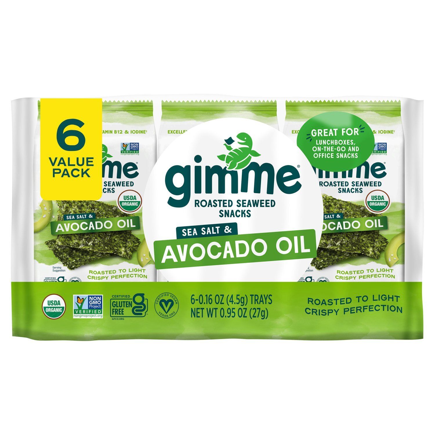Gimme Sea Salt &amp; Avocado Oil Roasted Seaweed Snacks Value Pack, 0.16 oz, 6 count