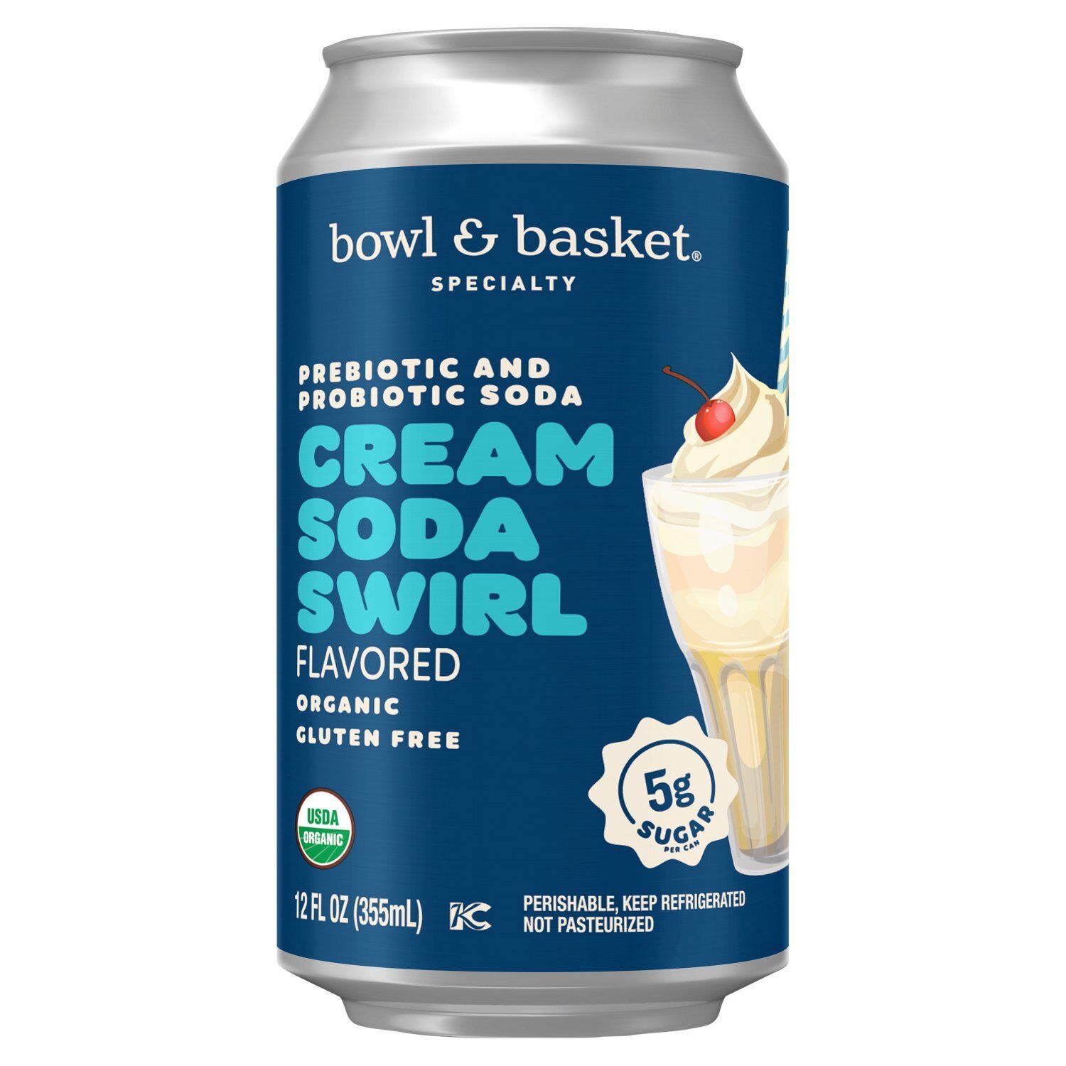 Bowl &amp; Basket Specialty Cream Soda Swirl Flavored Organic Prebiotic and Probiotic Soda, 12 fl oz