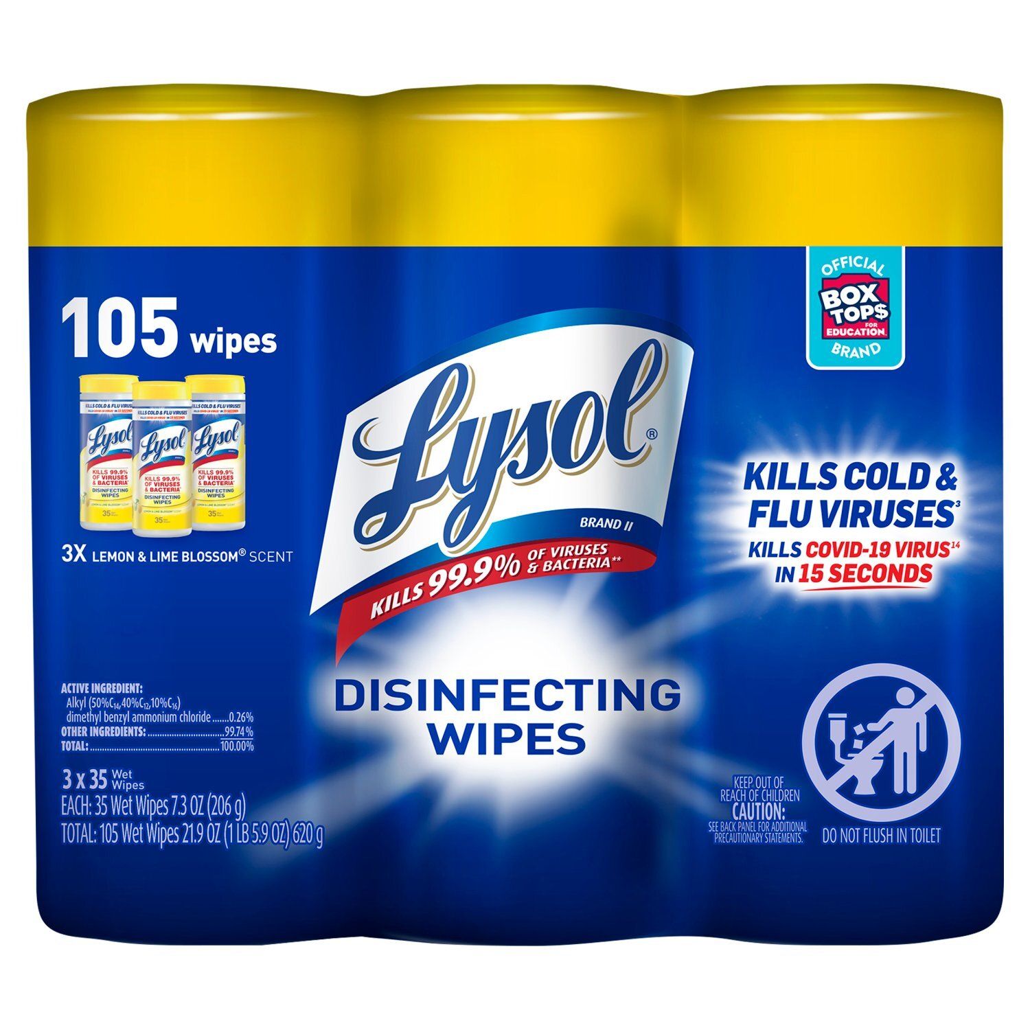 Lysol Lemon &amp; Lime Blossom Scent Disinfecting Wipes, 7.3 oz oz, 105 count, 3 pack