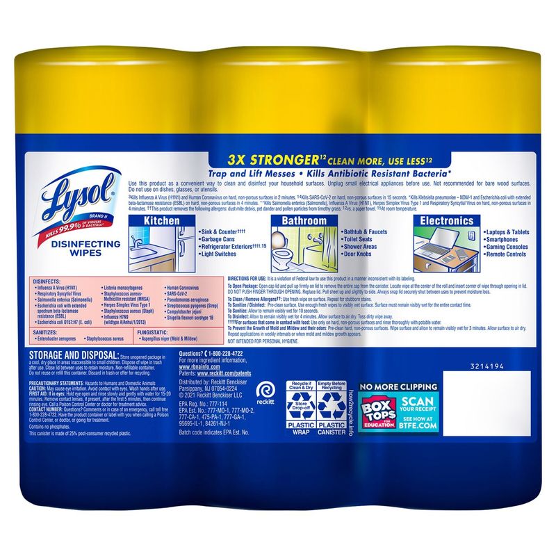 Lysol Lemon &amp; Lime Blossom Scent Disinfecting Wipes, 7.3 oz oz, 105 count, 3 pack