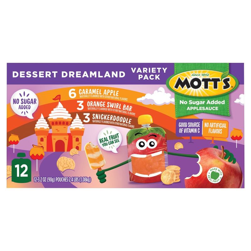 Mott's Dessert Dreamland No Sugar Added Applesauce Variety Pack, 3.2 oz, 12 count