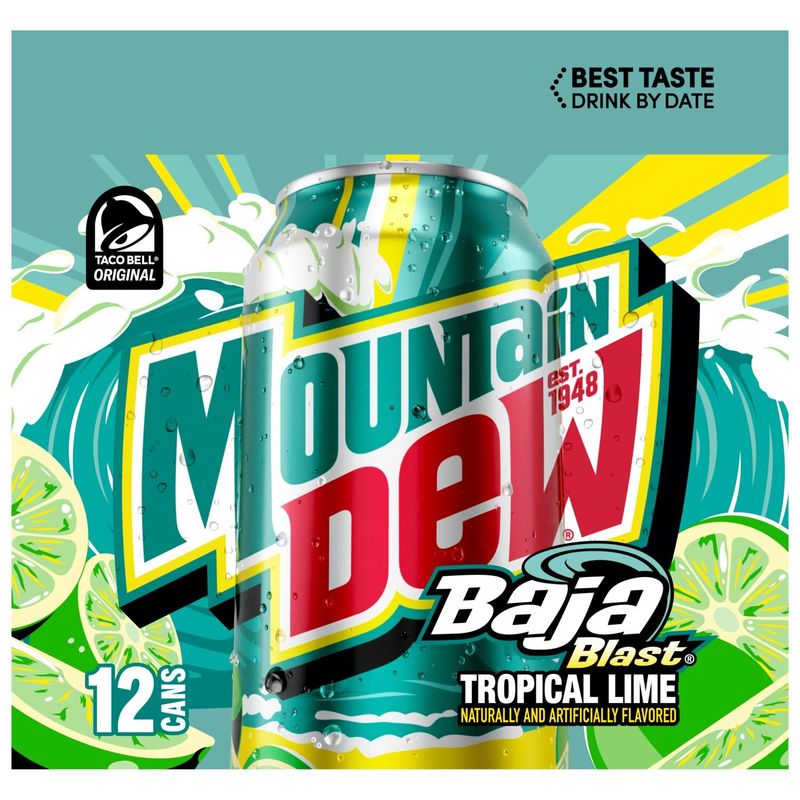 Mountain Dew Baja Blast Soda Tropical Lime 12 Fl Oz, 12 Count