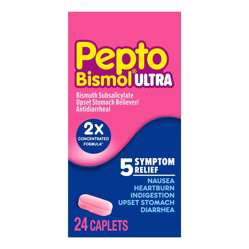 Pepto Bismol Caplets Ultra for Nausea, Heartburn, Indigestion, Upset Stomach, and Diarrhea - 5 Symp